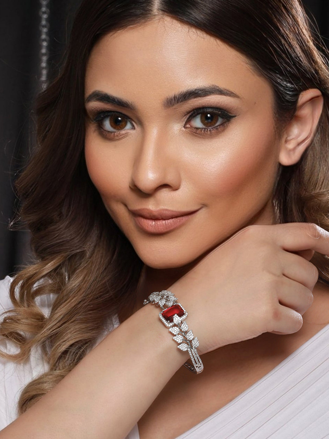 Silver Toned  Red AD Studded Statement Handcrafted Bracelet